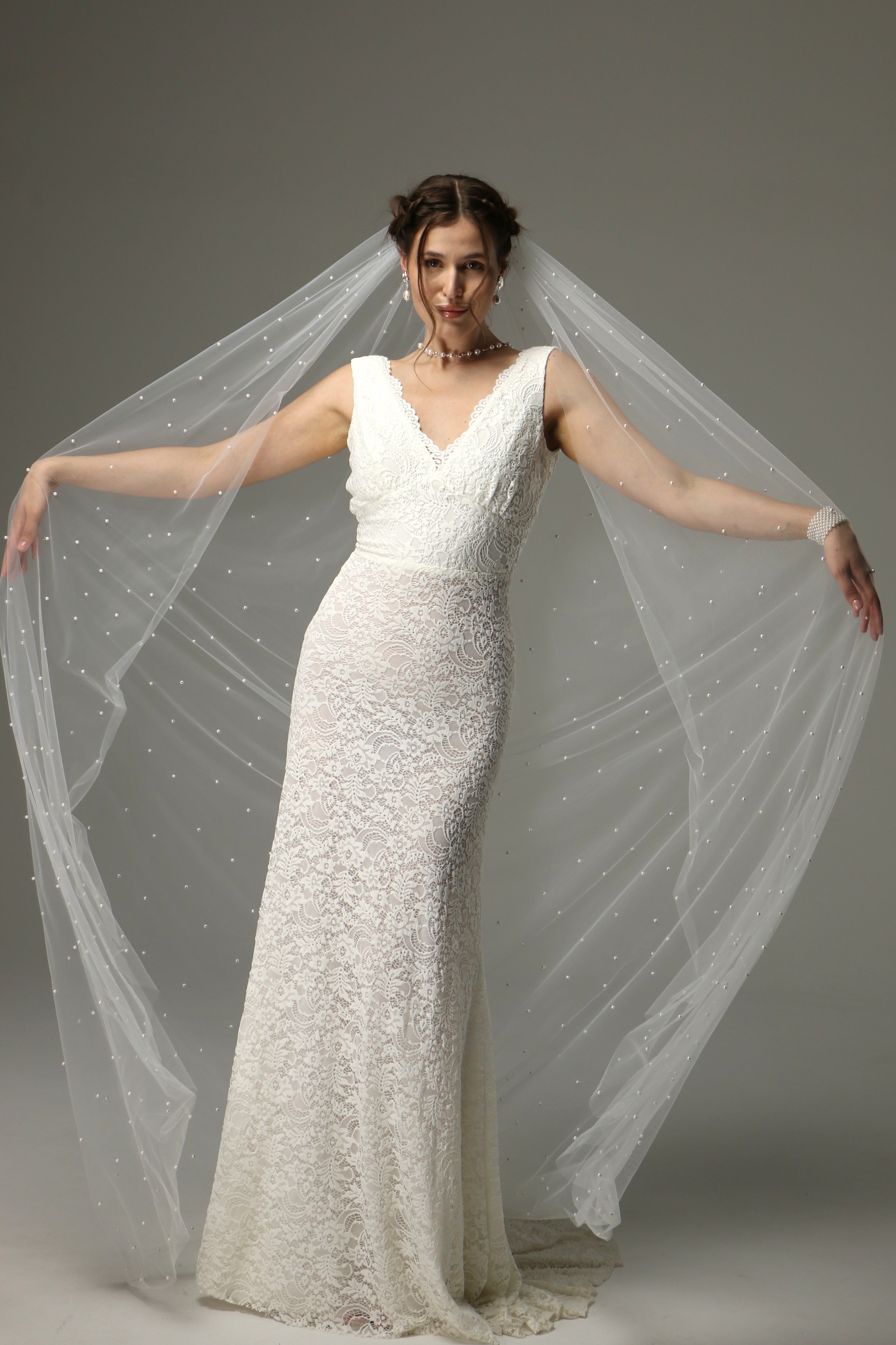 Pearl Cathedral Wedding Veil – One Tier Soft Tulle Veil with Pearls