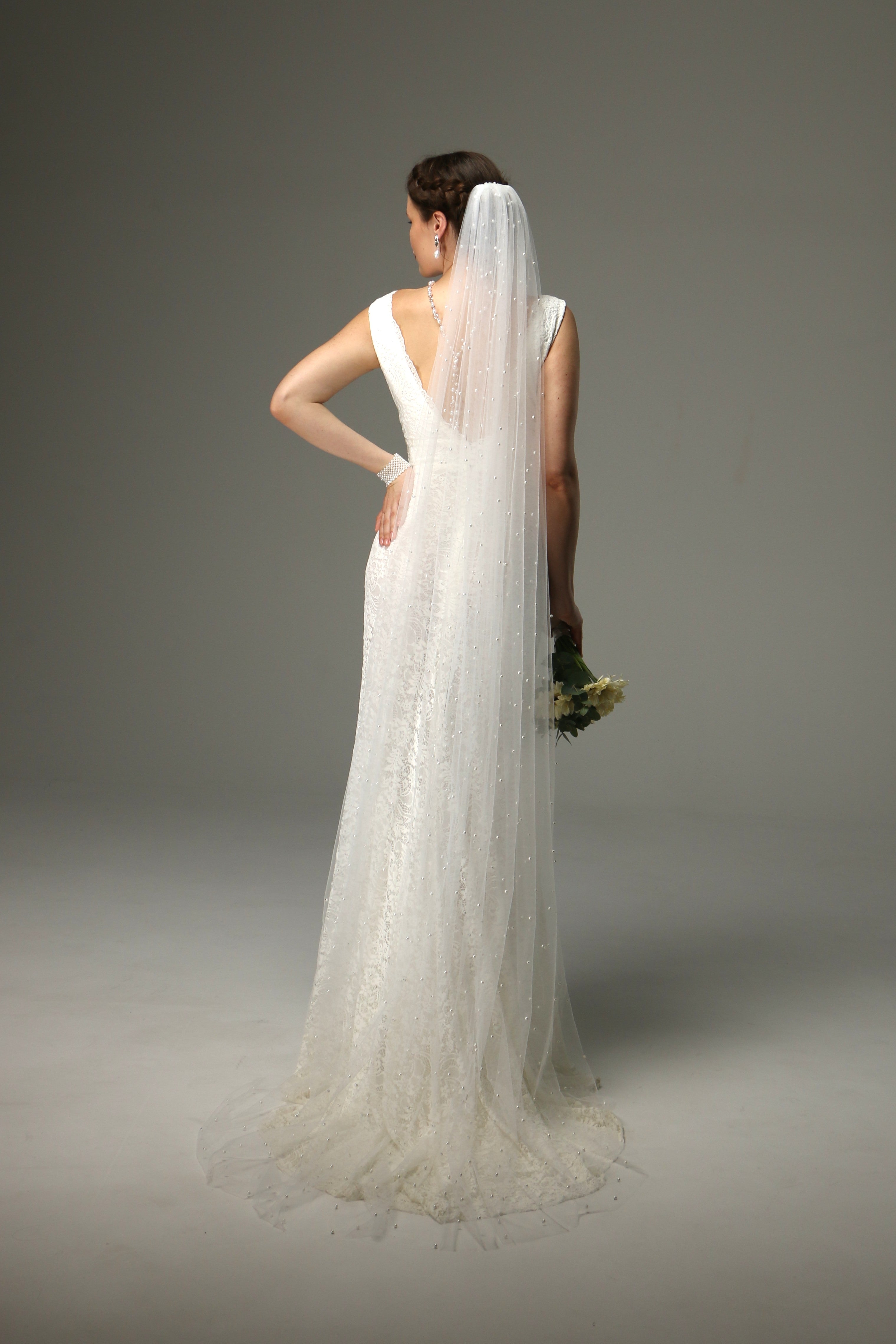 Pearl Cathedral Wedding Veil – One Tier Soft Tulle Veil with Pearls