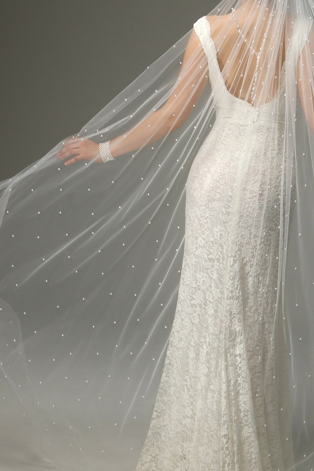 Pearl Cathedral Wedding Veil – One Tier Soft Tulle Veil with Pearls
